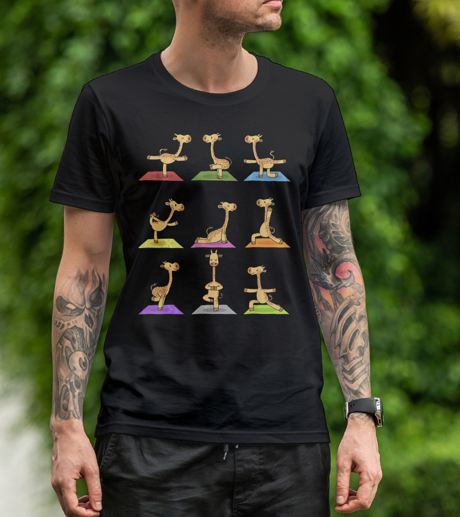 Giraffe Yoga Funny Giraffes In Various Poses On Colored Mats T-Shirt