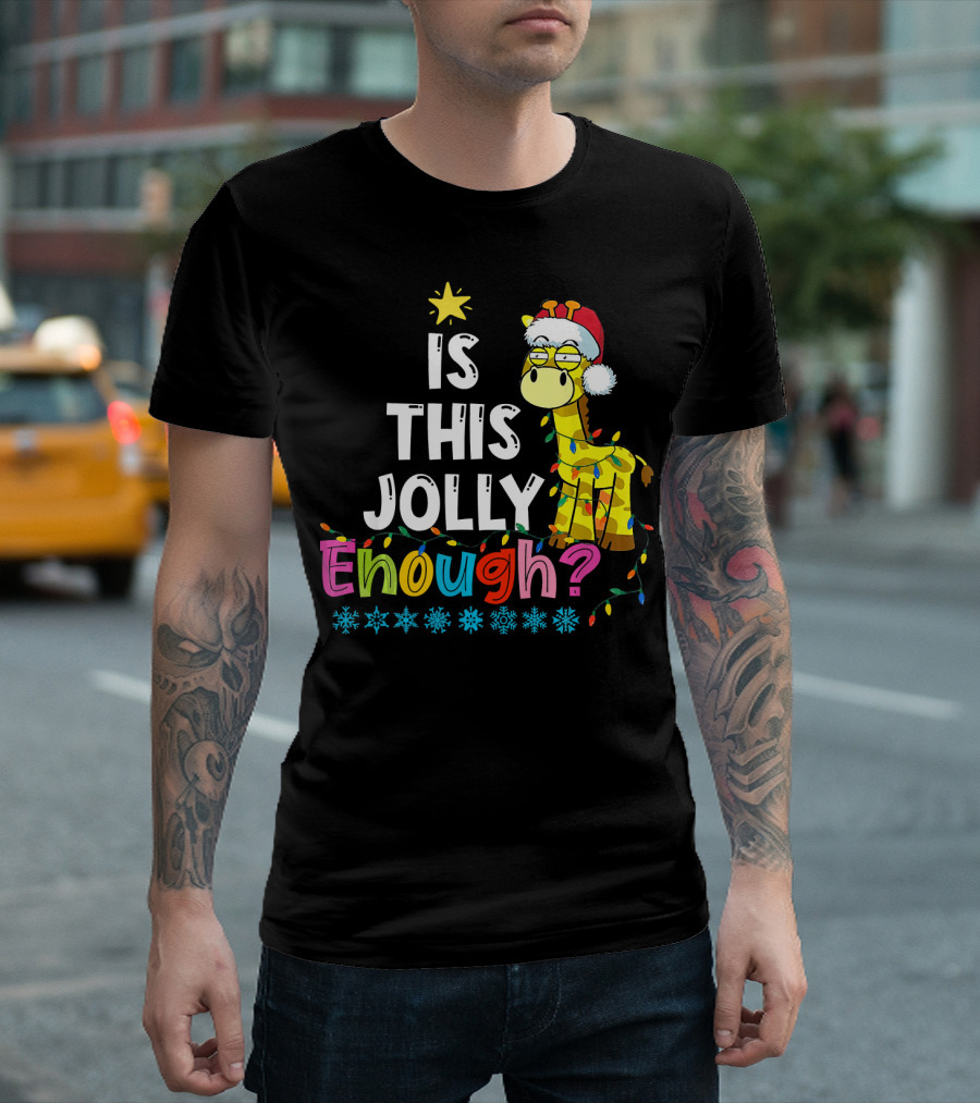 Is This Jolly Enough Giraffe Lover Holiday Lights Santa Hat T-Shirt