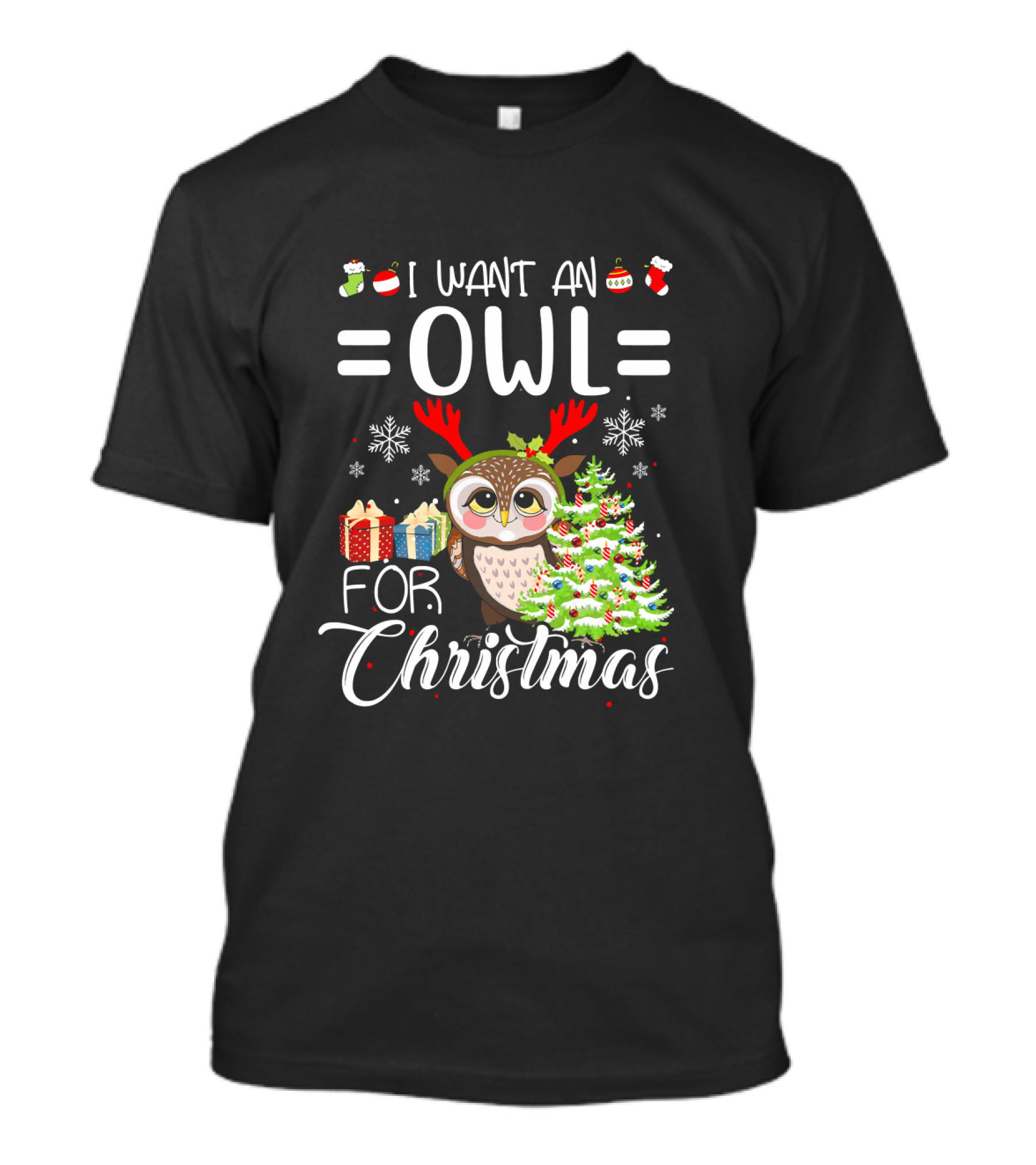 I Want An Owl For Christmas Festive Owl With Gifts And Christmas Tree T-Shirt
