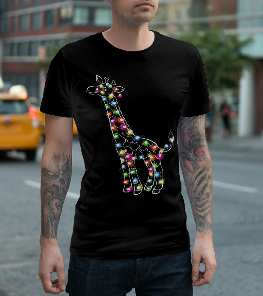 Giraffe Wrapped In Colorful LED String Lights T-Shirt