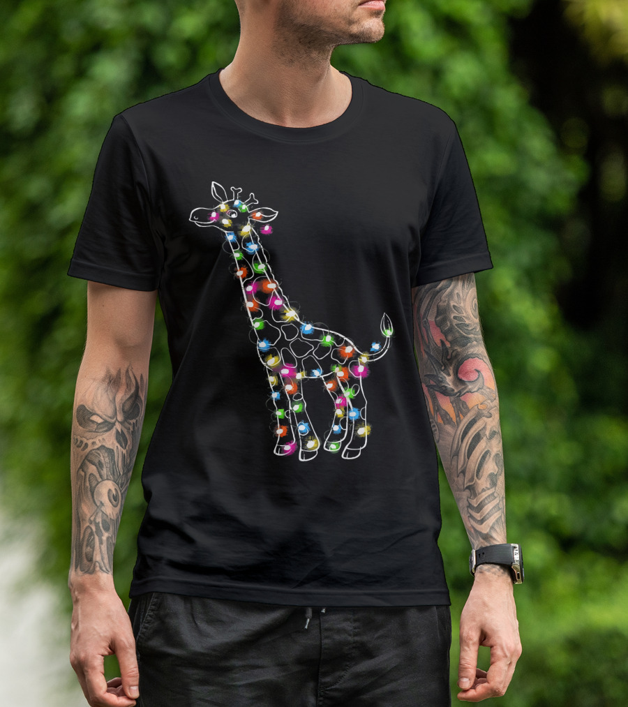Giraffe Wrapped In Colorful LED String Lights T-Shirt