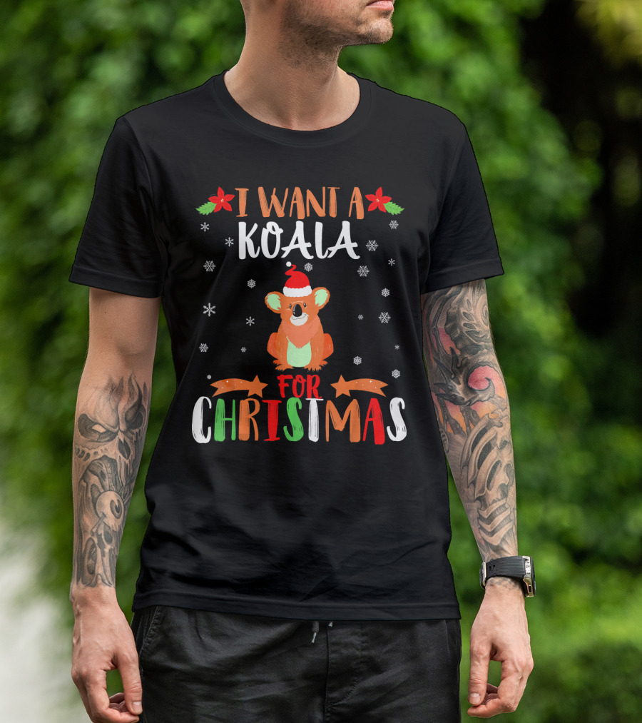 I Want A Koala For Christmas Santa Hat Snowflakes T-Shirt