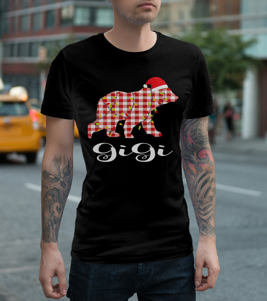 Gigi Bear Christmas Red Plaid Santa Hat and Lights T-Shirt
