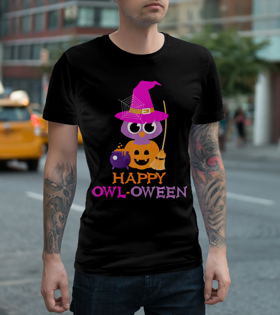 Happy Owl-Oween Halloween Owl Pumpkin Witch Trick T-Shirt