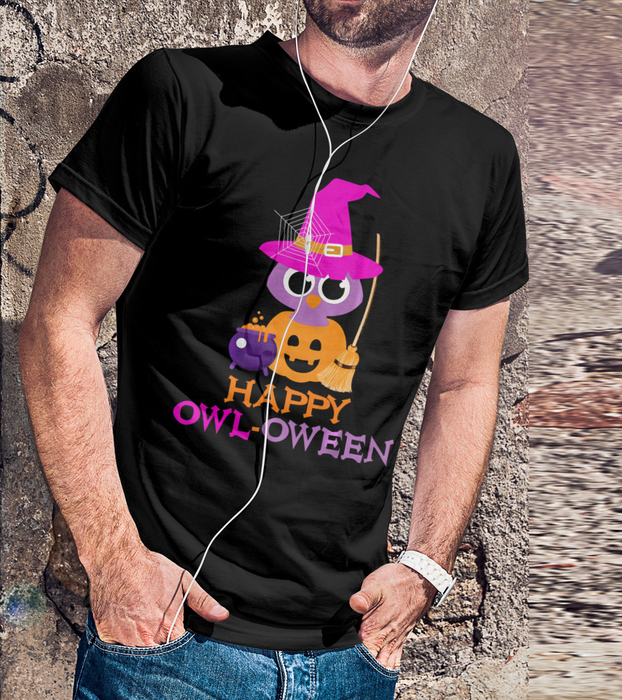 Happy Owl-Oween Halloween Owl Pumpkin Witch Trick T-Shirt