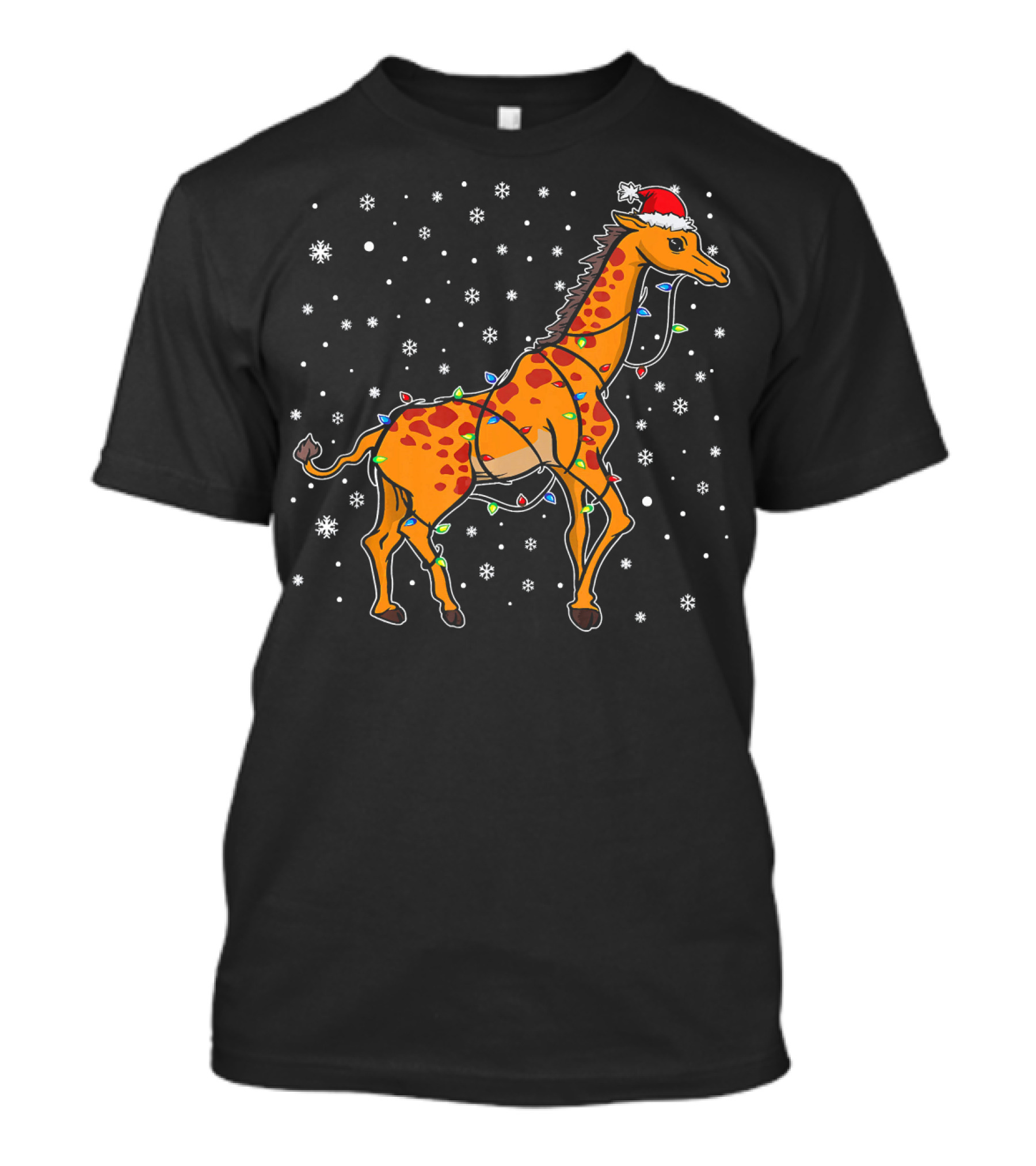 Giraffe With Santa Hat Wrapped In Christmas Lights And Snowflakes T-Shirt