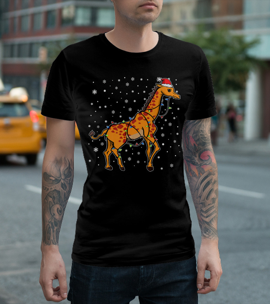 Giraffe With Santa Hat Wrapped In Christmas Lights And Snowflakes T-Shirt
