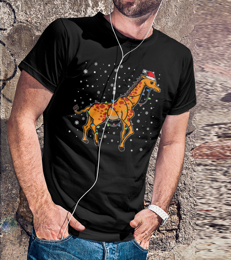 Giraffe With Santa Hat Wrapped In Christmas Lights And Snowflakes T-Shirt