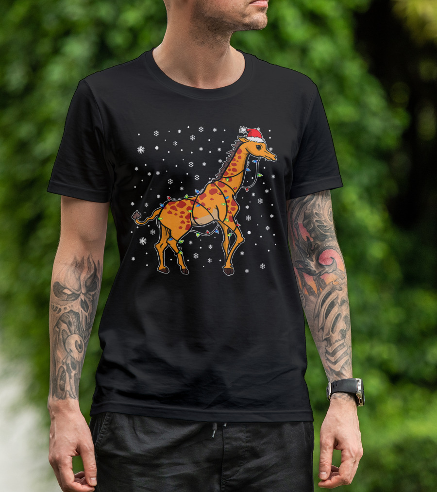 Giraffe With Santa Hat Wrapped In Christmas Lights And Snowflakes T-Shirt