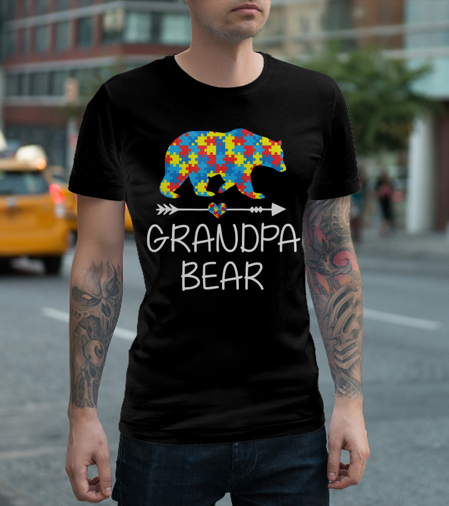 Grandpa Bear Autism Awareness Puzzle Heart Arrow T-Shirt