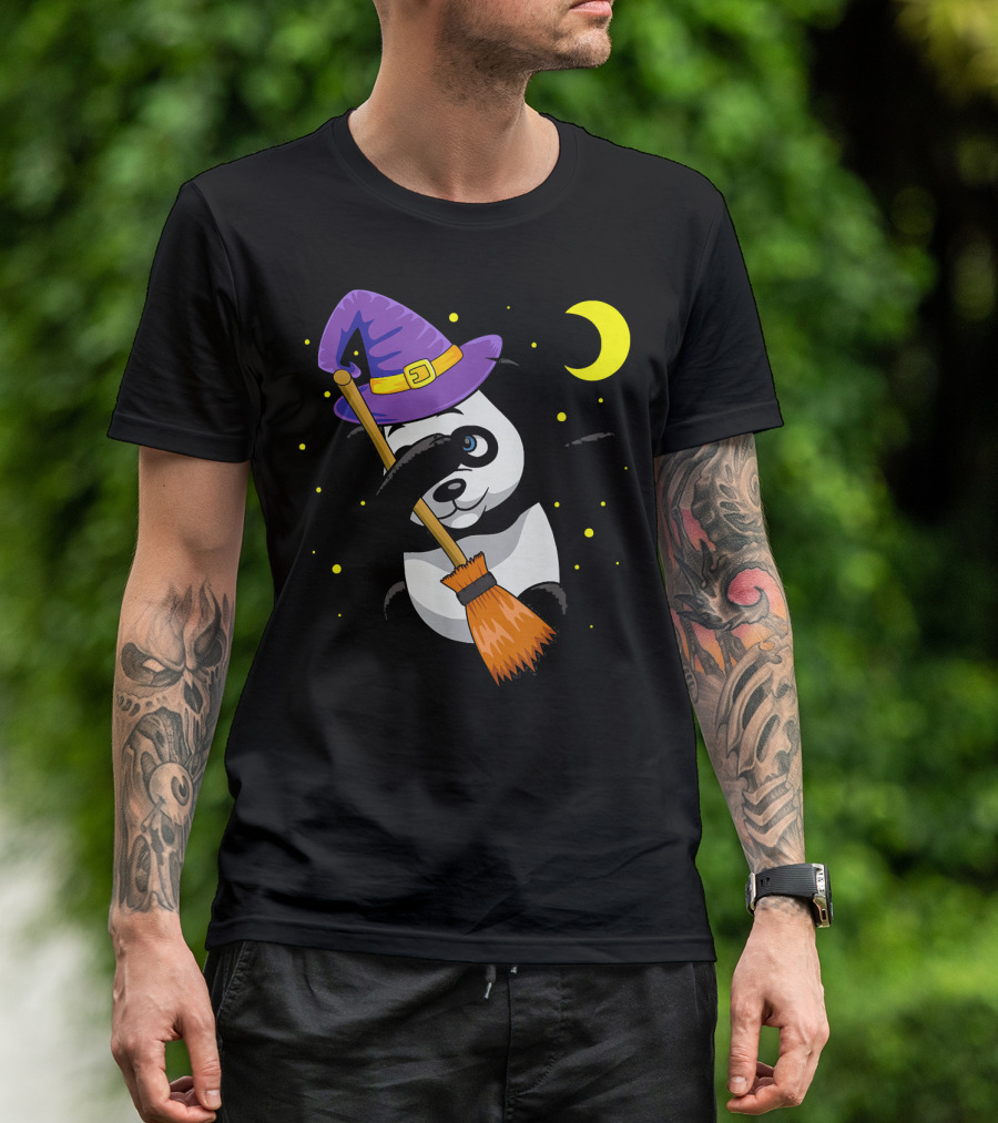 Halloween Dabbing Panda Witch Hat Broom Moon T-Shirt
