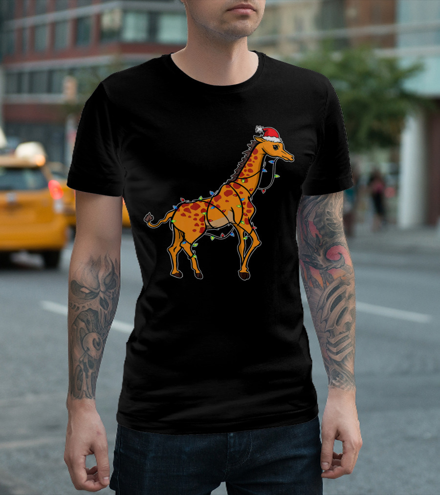 Giraffe Santa Wrapped In Colorful Christmas Lights With Santa Hat T-Shirt