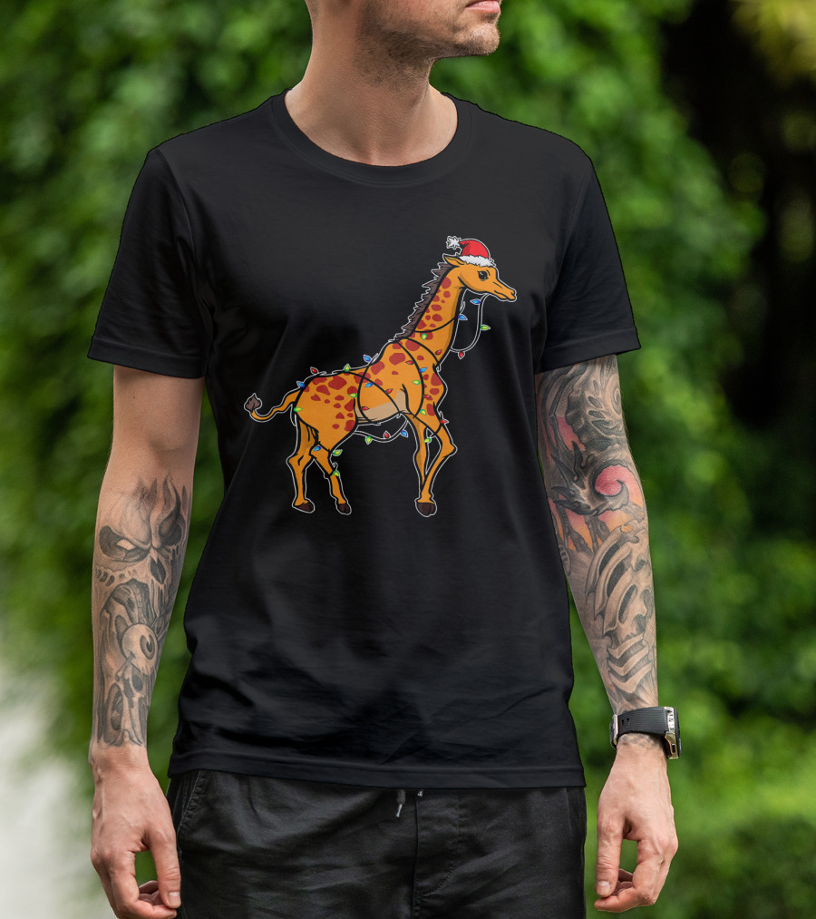 Giraffe Santa Wrapped In Colorful Christmas Lights With Santa Hat T-Shirt