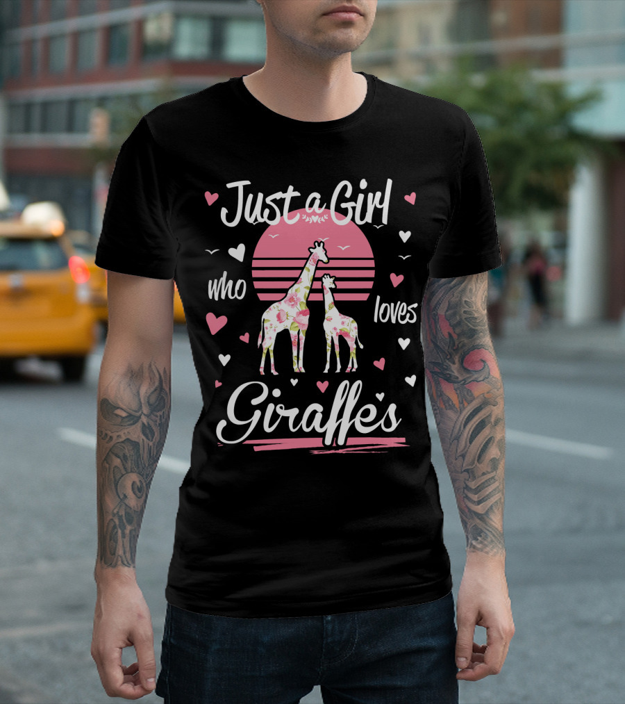 Just A Girl Who Loves Giraffes With Floral Print And Hearts T-Shirt