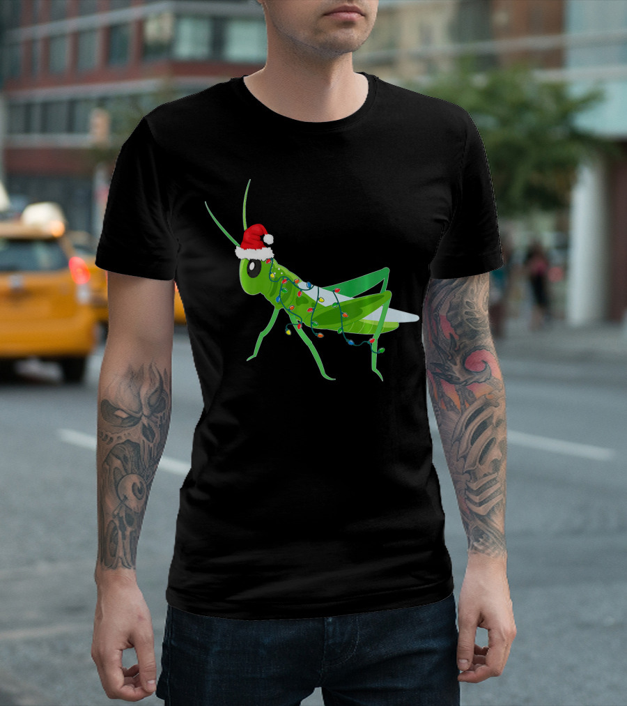 Grasshopper Christmas Lights Santa Hat Funny Holiday T-Shirt