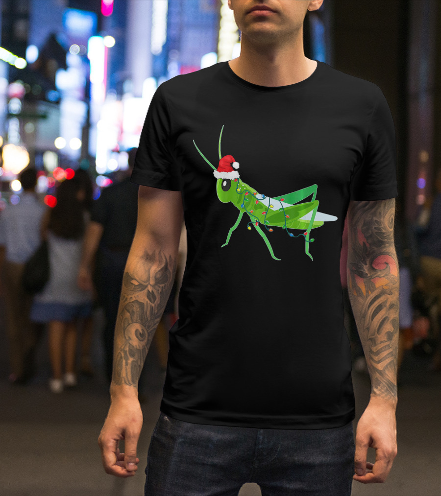 Grasshopper Christmas Lights Santa Hat Funny Holiday T-Shirt