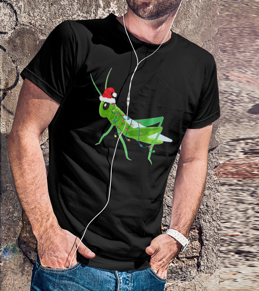 Grasshopper Christmas Lights Santa Hat Funny Holiday T-Shirt