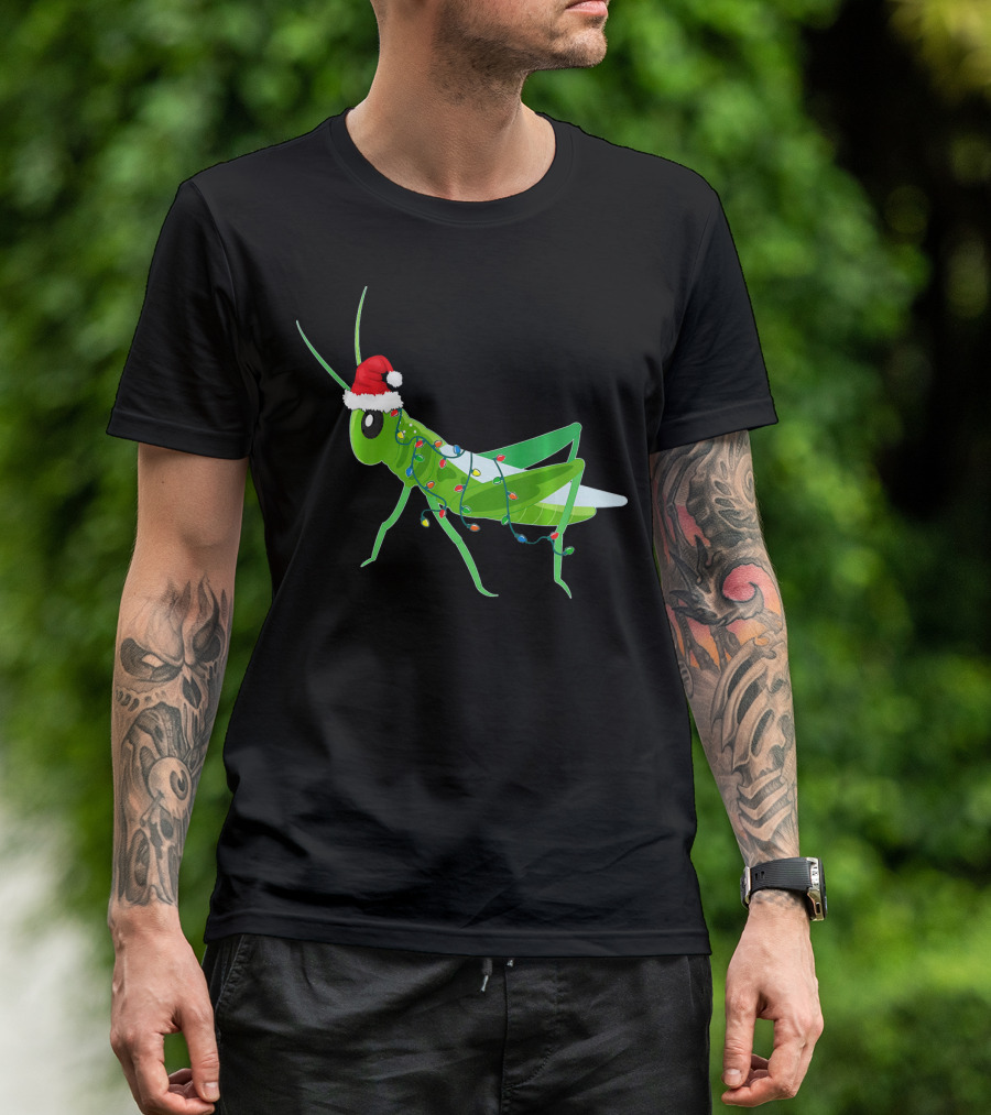 Grasshopper Christmas Lights Santa Hat Funny Holiday T-Shirt