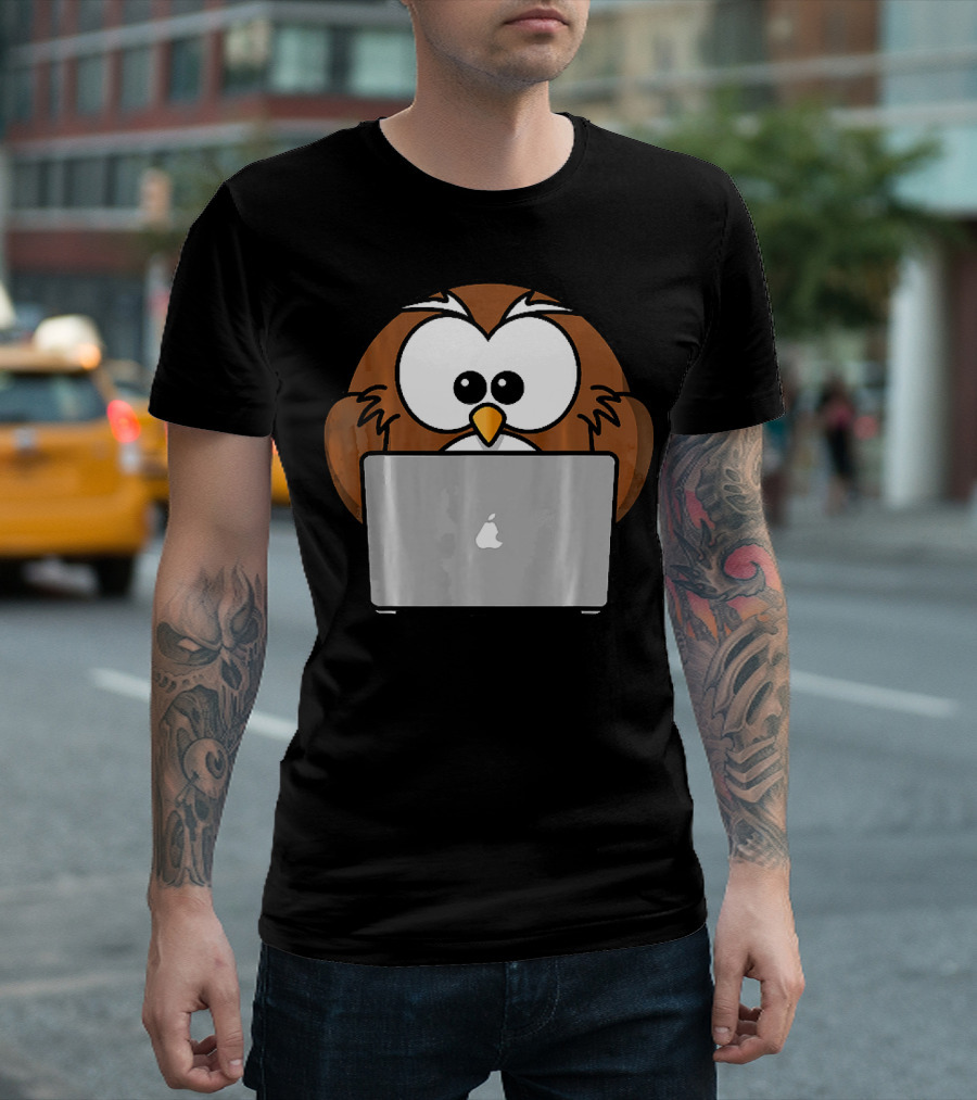 Geek Owl On Apple Laptop Computer T-Shirt