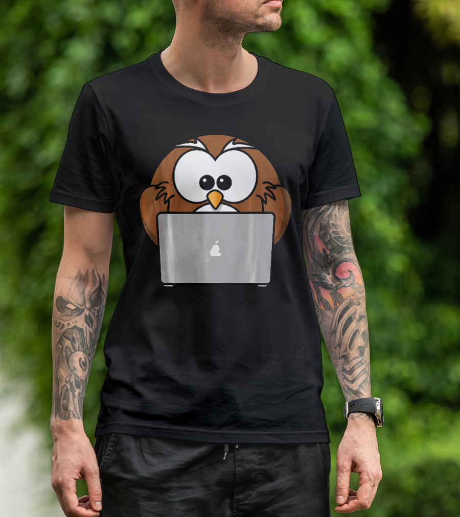 Geek Owl On Apple Laptop Computer T-Shirt