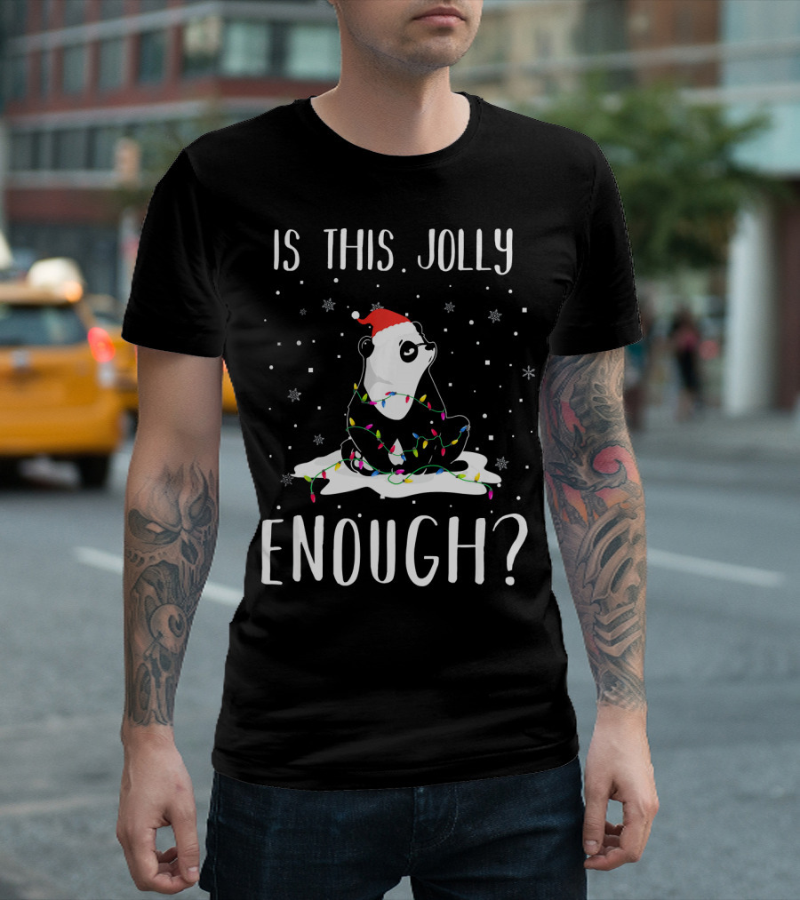 Is This Jolly Enough Panda Christmas Pajamas With Santa Hat And Lights Snowflakes T-Shirt