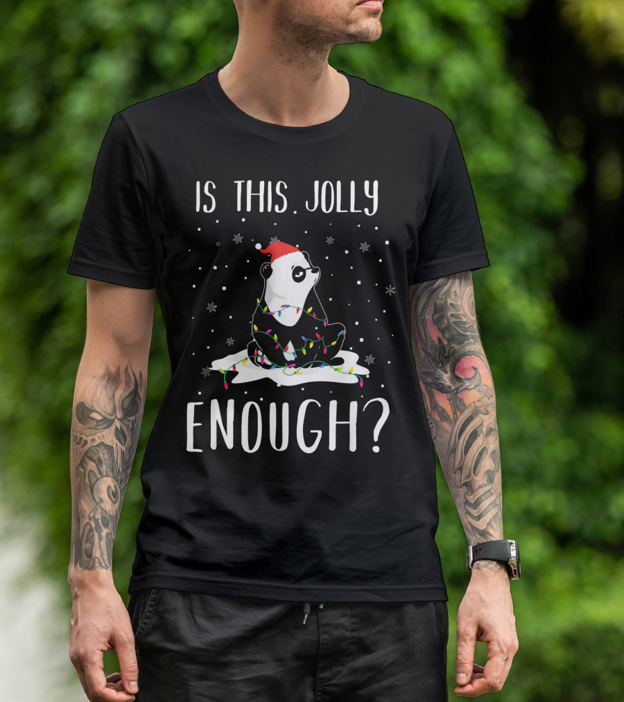 Is This Jolly Enough Panda Christmas Pajamas With Santa Hat And Lights Snowflakes T-Shirt