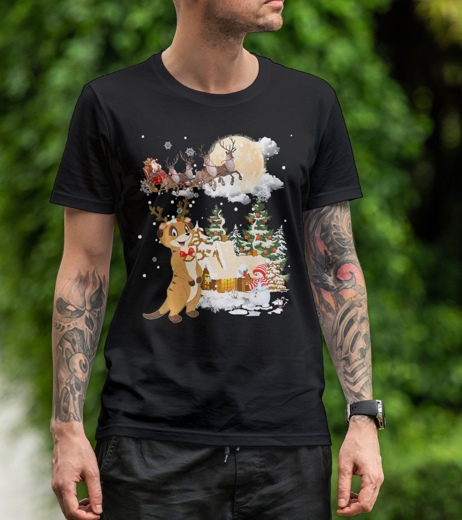 Christmas Meerkat In A Festive Winter Wonderland With Santa's Sleigh T-Shirt