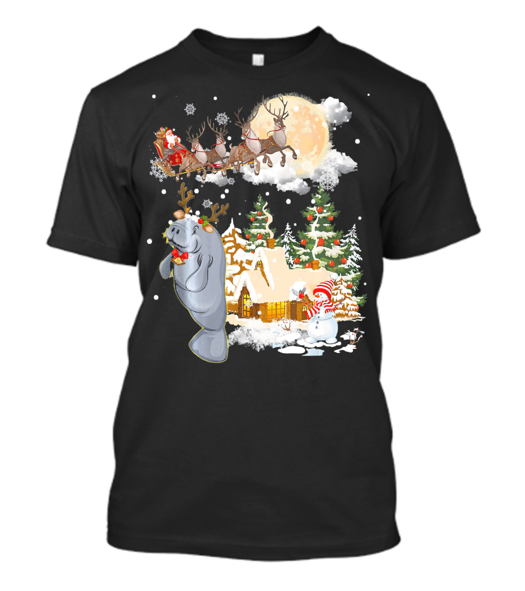 Santa Sleigh And Reindeer Over Village With Manatee Christmas Scene T-Shirt