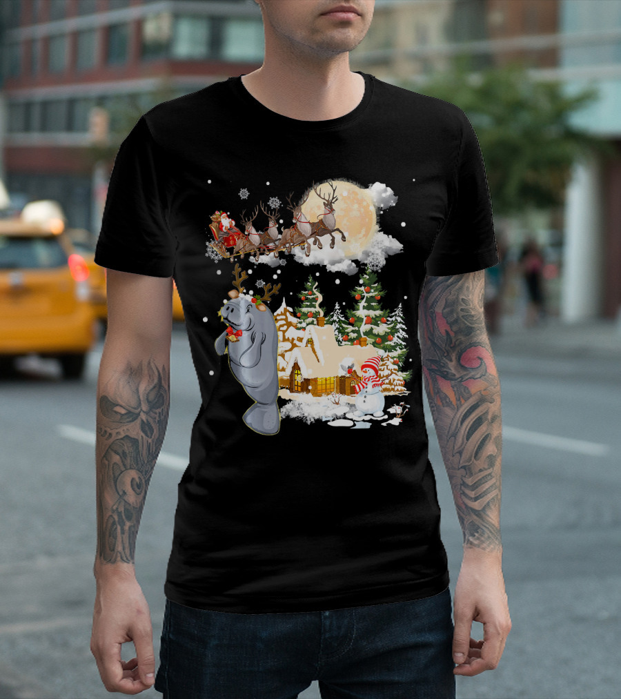 Santa Sleigh And Reindeer Over Village With Manatee Christmas Scene T-Shirt