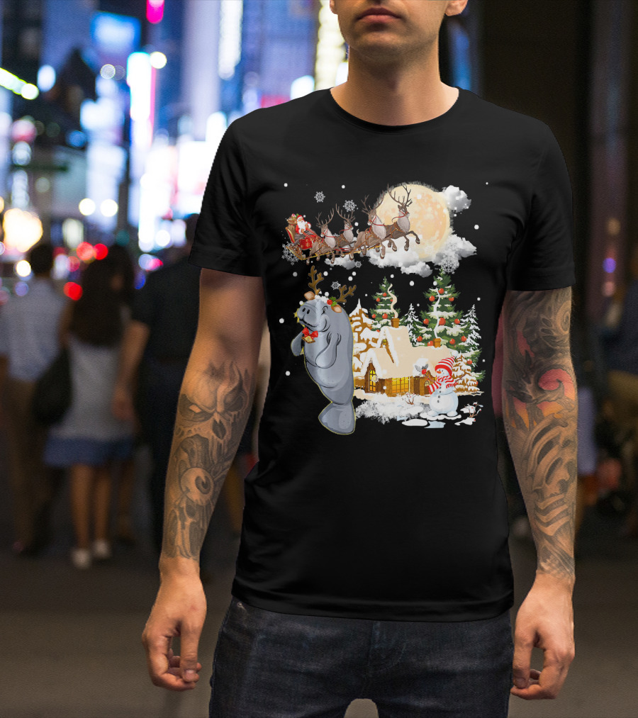 Santa Sleigh And Reindeer Over Village With Manatee Christmas Scene T-Shirt