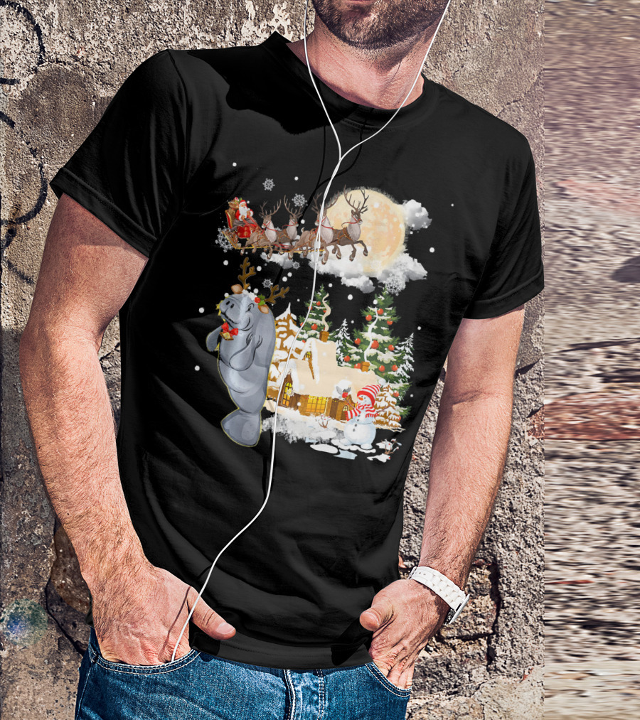Santa Sleigh And Reindeer Over Village With Manatee Christmas Scene T-Shirt