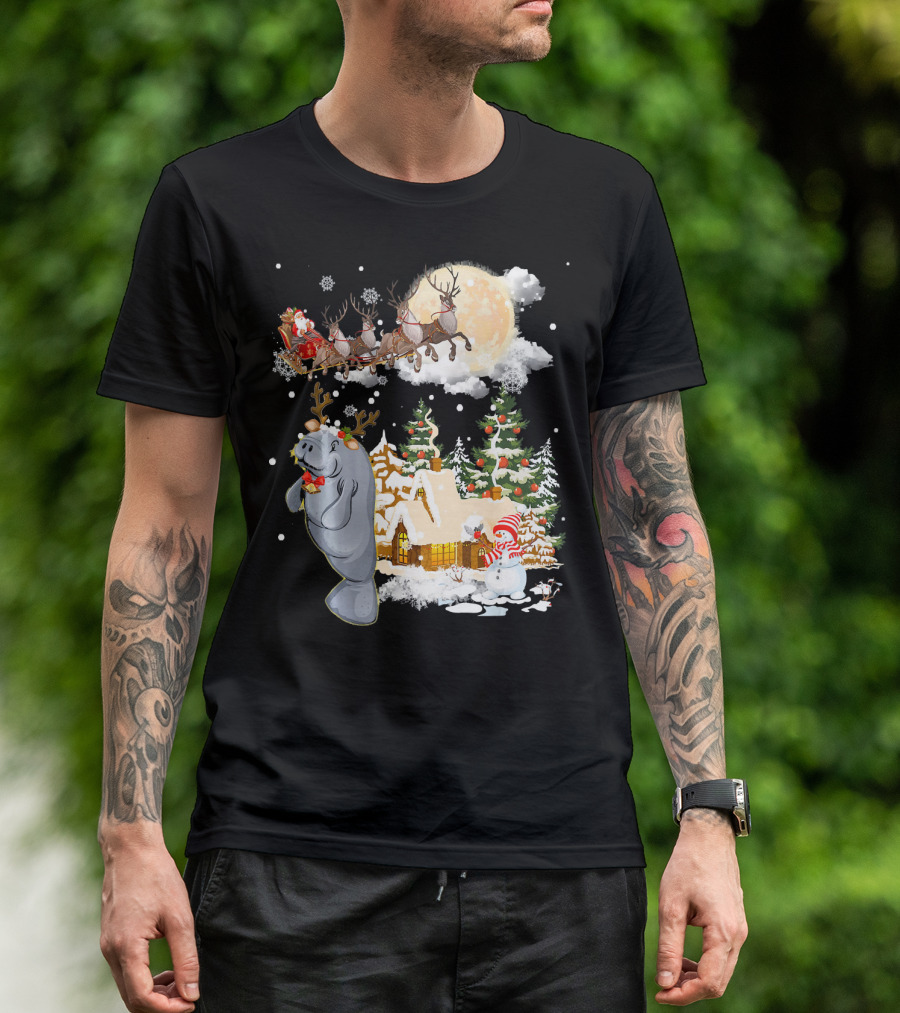 Santa Sleigh And Reindeer Over Village With Manatee Christmas Scene T-Shirt
