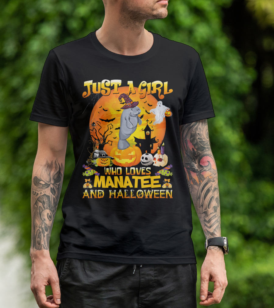 Just A Girl Who Loves Manatee And Halloween With Pumpkins And Ghosts T-Shirt