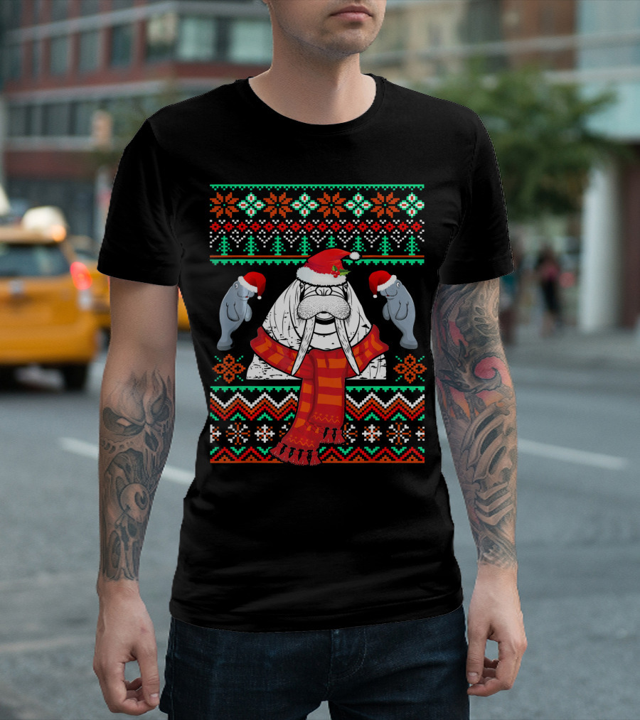 Santa Manatee Sea Cow Christmas Sweater Walrus Snowflakes T-Shirt