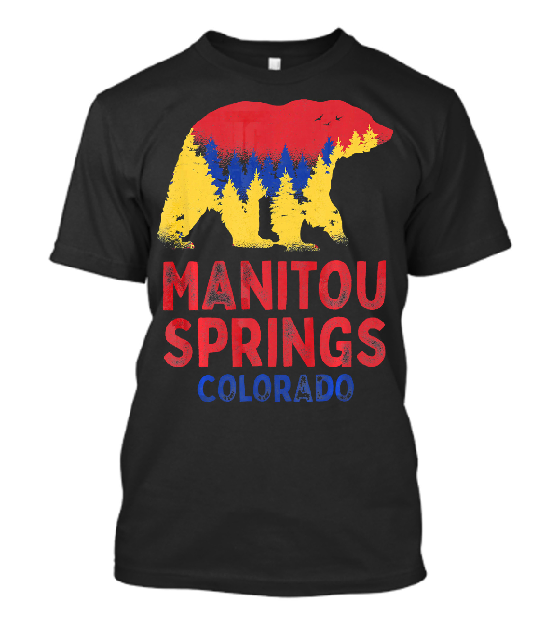 Manitou Springs Colorado Bear Silhouette With Pikes Peak Forest And Sky Colors T-Shirt
