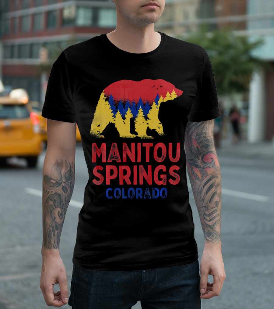 Manitou Springs Colorado Bear Silhouette With Pikes Peak Forest And Sky Colors T-Shirt