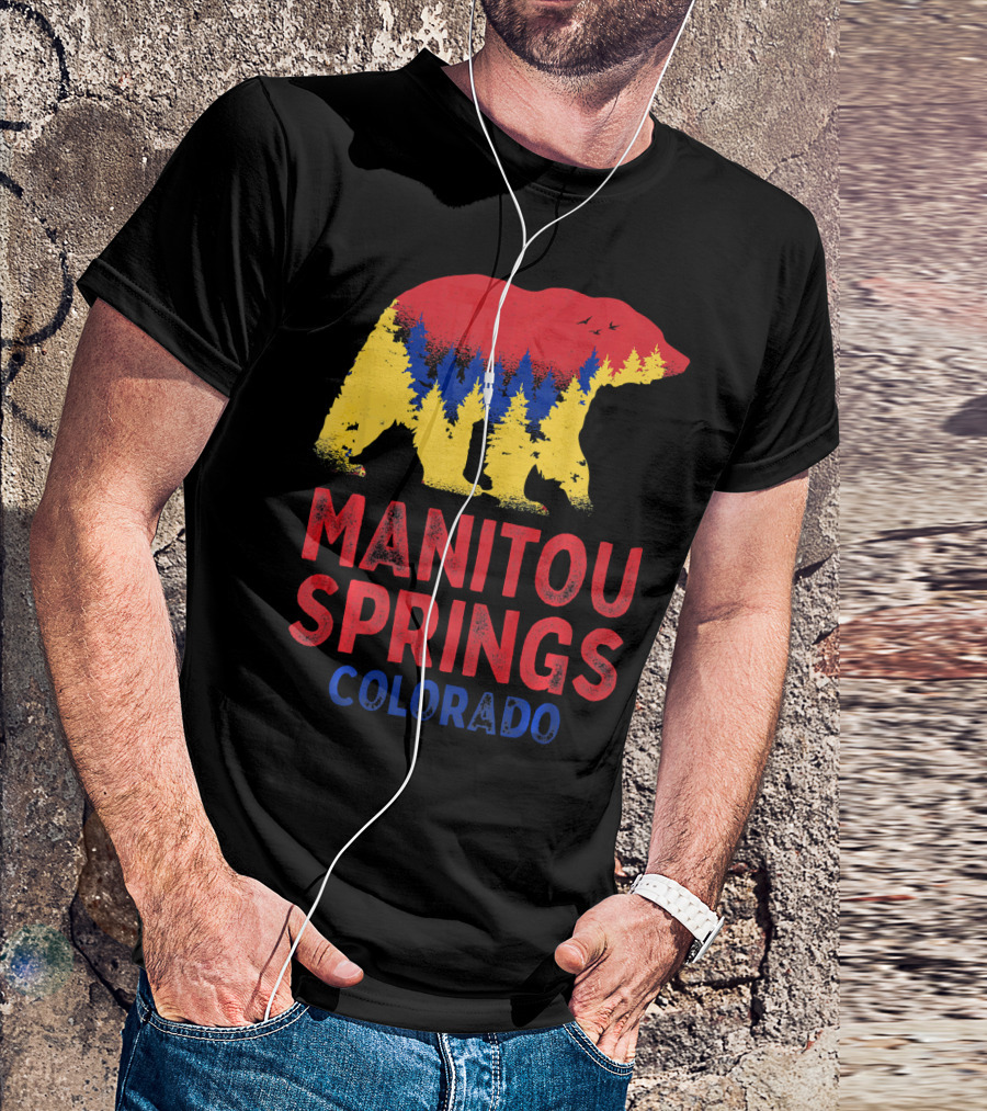 Manitou Springs Colorado Bear Silhouette With Pikes Peak Forest And Sky Colors T-Shirt