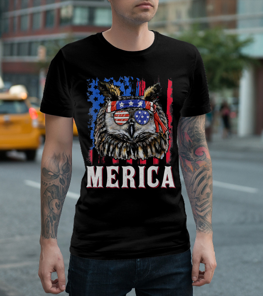Merica Owl American Flag Sunglasses Stars And Stripes Bandana T-Shirt