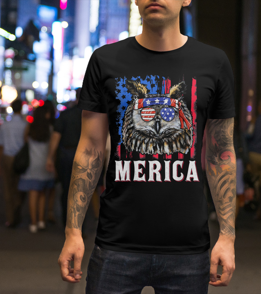 Merica Owl American Flag Sunglasses Stars And Stripes Bandana T-Shirt