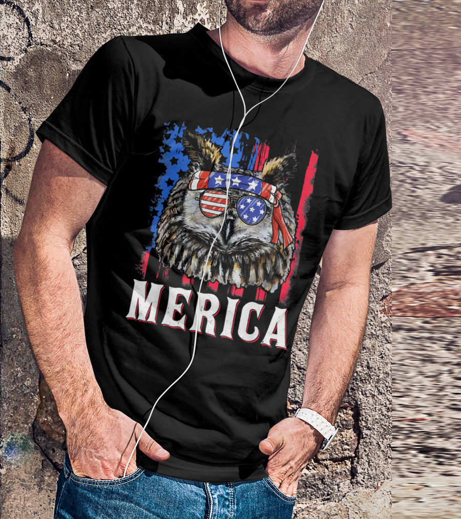 Merica Owl American Flag Sunglasses Stars And Stripes Bandana T-Shirt