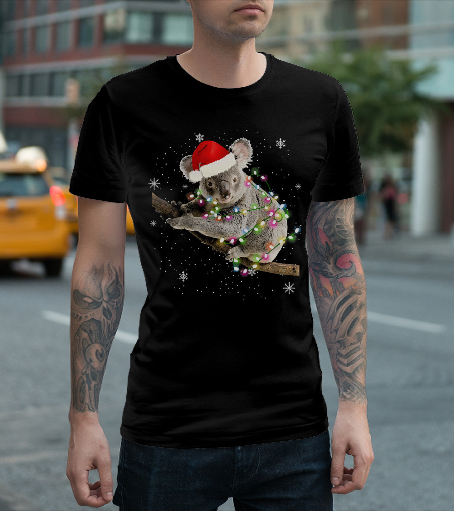 Koala Wrapped in Christmas Lights with Santa Hat Festive Matching Fam T-Shirt