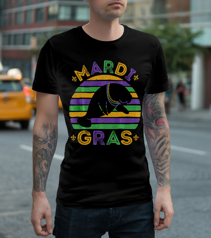 Mardi Gras Striped Manatee Beads Fleur-de-lis T-Shirt