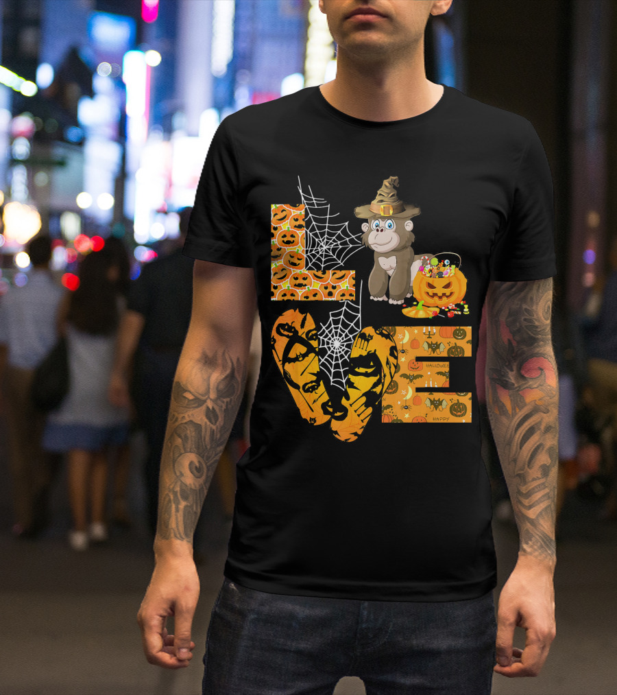 LOVE Gorilla Pumpkin Halloween Spiderweb Jack-o'-Lantern T-Shirt
