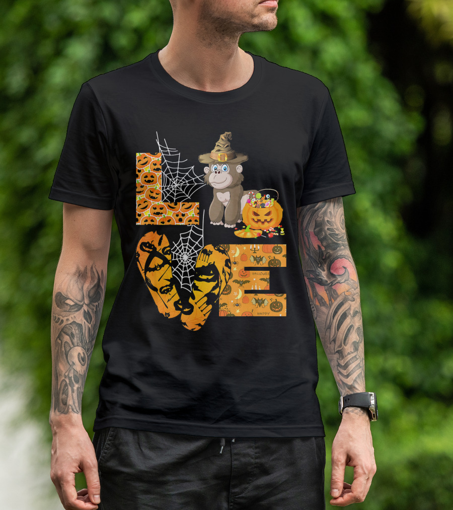 LOVE Gorilla Pumpkin Halloween Spiderweb Jack-o'-Lantern T-Shirt