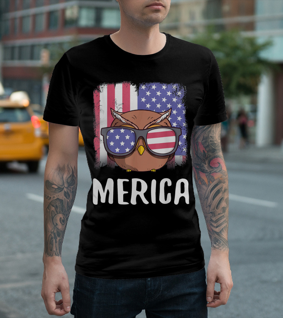 Merica Owl Bird USA American Flag Glasses T-Shirt