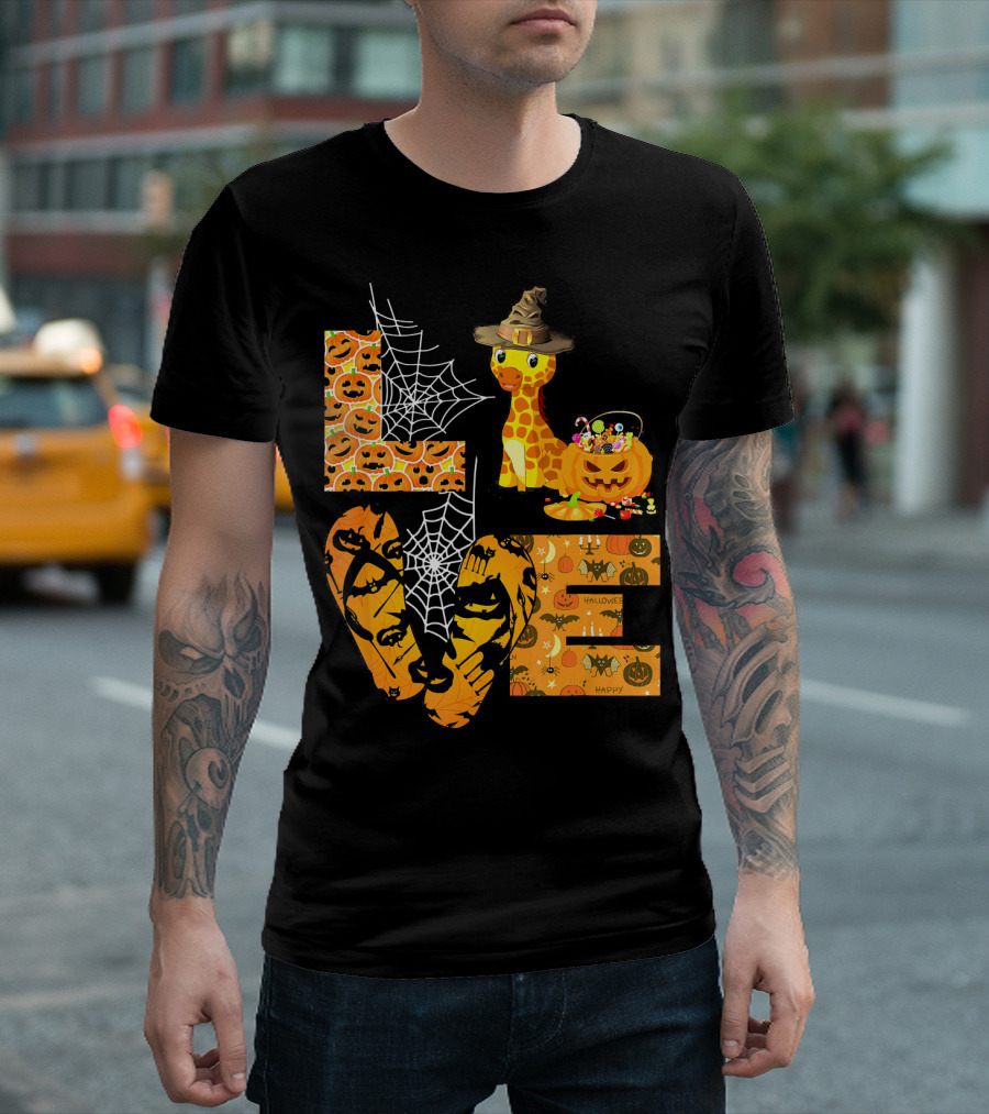 LOVE Giraffe Halloween Pumpkin Spooky Webs T-Shirt
