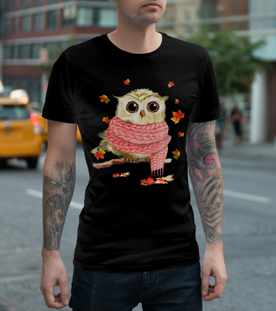 Maple Leaf Autumn Owl with Scarf T-Shirt