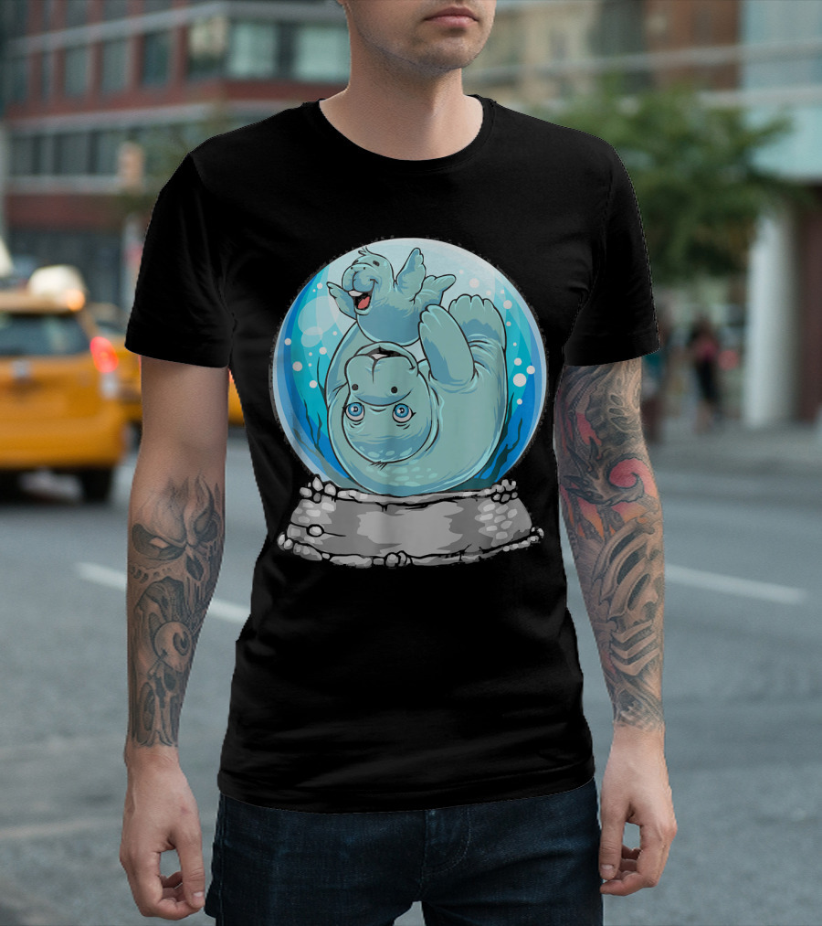 Manatee Mom And Baby In Cute Snow Globe Playful Scene T-Shirt