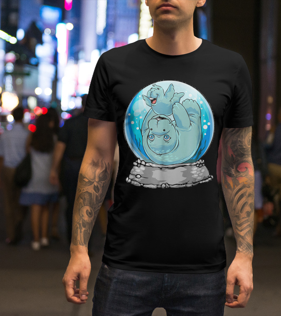 Manatee Mom And Baby In Cute Snow Globe Playful Scene T-Shirt