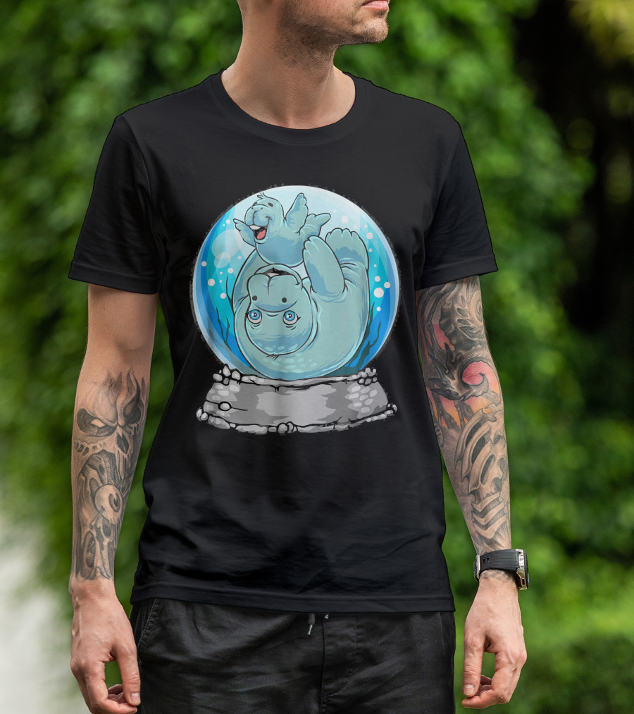 Manatee Mom And Baby In Cute Snow Globe Playful Scene T-Shirt
